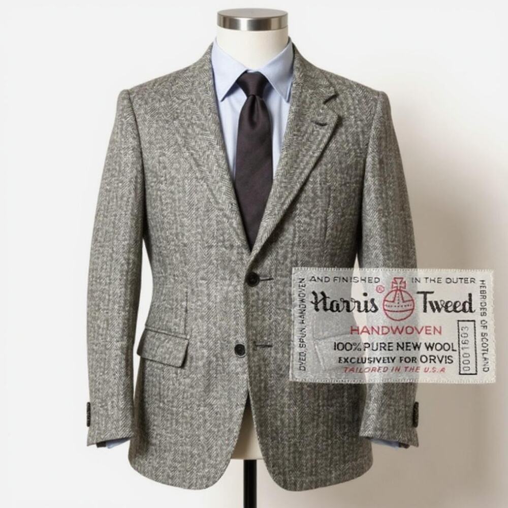 Harris Tweed Sport Coat Mens 42 R Gray Herringbone Double Breasted Scottish Wool